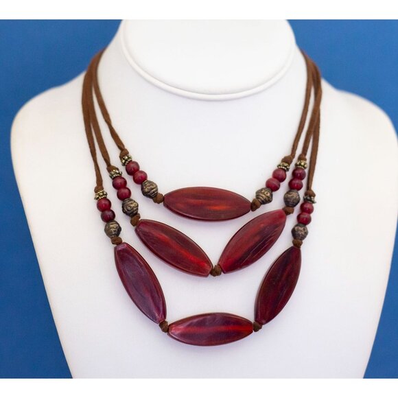 17 Inch, Vintage Red Bib Three layer Three Strand Bib Necklace - D4 - Picture 1 of 3